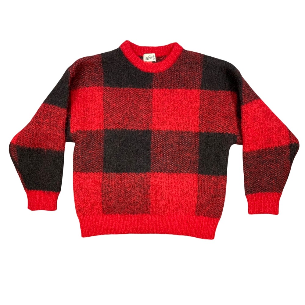 Woolrich Red Black Buffalo Check Fuzzy Knit Crewneck Sweater Mens Small S